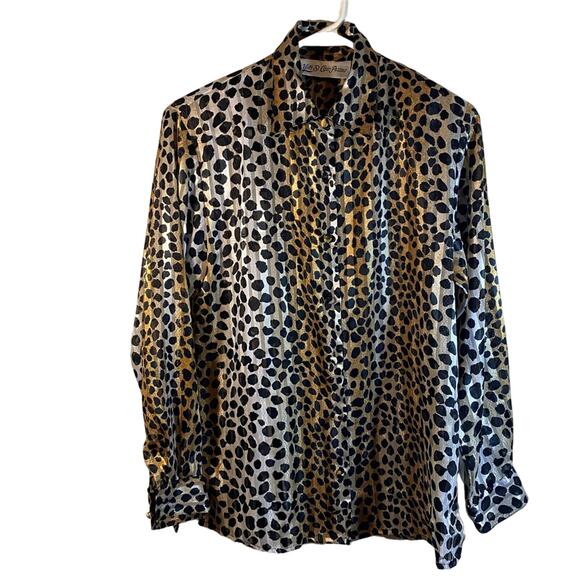 Vintage Yves St. Clair Petites Leopard Print Top Size 4P Button Up Long Sleeve - Picture 2 of 9